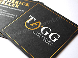 Gold foil business cards - Square bespoke business cards printed with a gold and white foil logo and blind debossing.