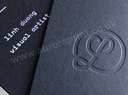 Blind debossed business cards with iridescent silver foil