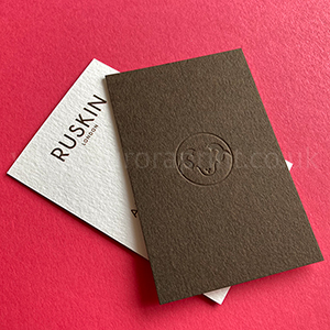 blind debossed rams head logo design on these duplexed business cards with colour printed contact details.