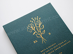 Gold foil wedding invitations on racing green colorplan
