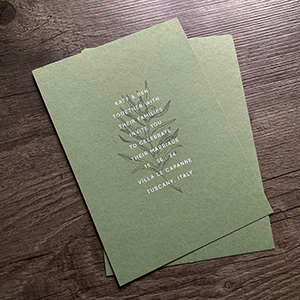 Mid green colour printed wedding invitations.