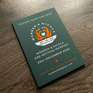 Burnt copper and white foil printed save the date cards.