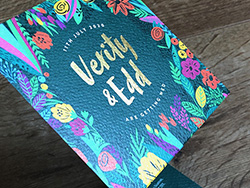 Full colour and hot foil printed Z-fold wedding stationery