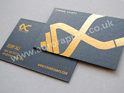 Gold foil business cards using a mid-gold satin foil on graphite 1000 micron cairn.