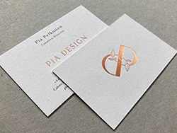 500gsm duplexed favini crush corn recycled business cards with copper foil.