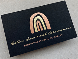 Rose gold and pale satin gold foil on black business cards