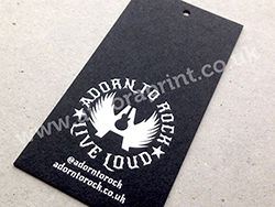 Black swing tags with white foil printing