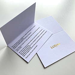 A7 folding thank you cards with black print and metallic gold foil