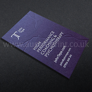 Amethyst Colorplan business cards with white hot foil printing.
