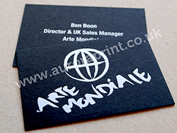 White foil business cards printed on ebony/black 700gsm colorplan