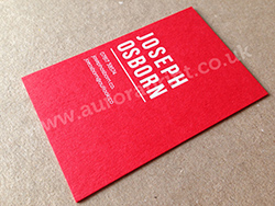 White foil printed business cards using bright red colorplan