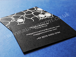White foil business cards printed on ebony/black colorplan