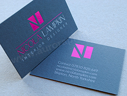White foil and sating pink foil on dark grey colorplan business cards