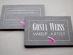 White and satin pink foil printed smoke grey colorplan business cards
