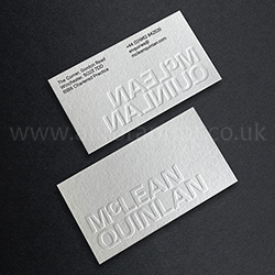 Blind embossed or rasied logo design and black text on pale grey 350gsm colorplan card.