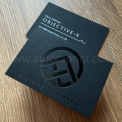 Textured ebony black colorplan business cards with gloss black and white foil print.