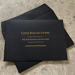 Metallic gold foil print on black C5 envelopes.