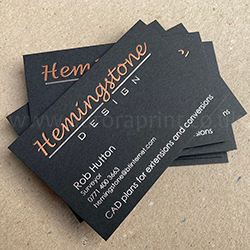 slate grey business cards foil printed with satin copper and bright silver foils.