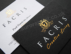 700gsm duplexed black and white business cards printed with gold, black and white foils.