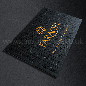 Business cards with gold foil logo and black gloss debossed hieroglyphics.