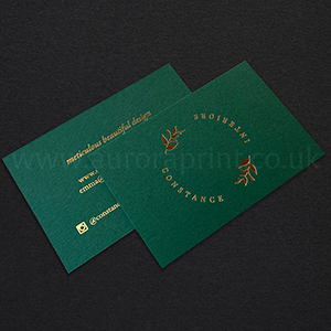 Bright gold foil on forest green business cards