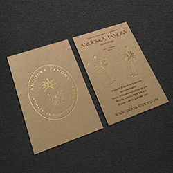 Colour printed and gold foiled business cards.